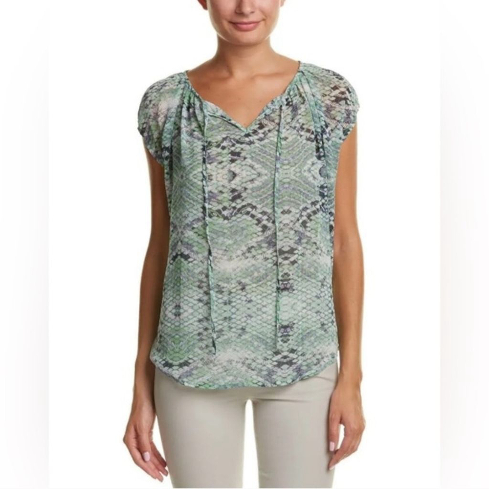 Cabi #746 Sheer Darby Snake Print Cap Sleeve V Neck Blouse Top Beachy Shirt L - Picture 2 of 10